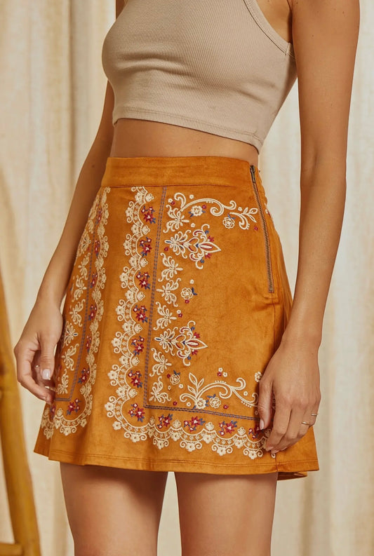 Faux Suede Embroidered Mini Skirt